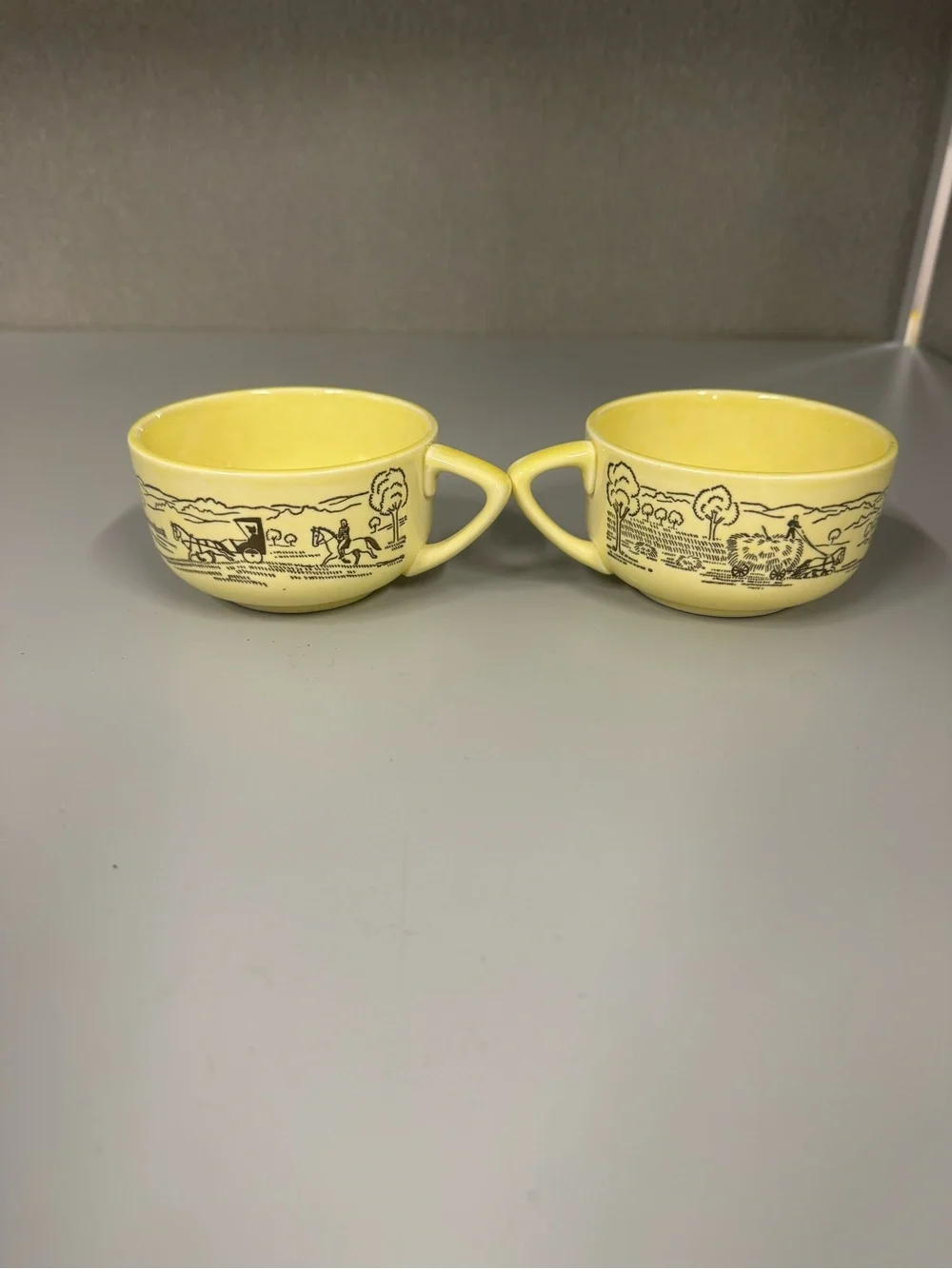 VTG Yellow Cottage Core Country Pattern Ceramic Coffee Mugs - Pair of 2